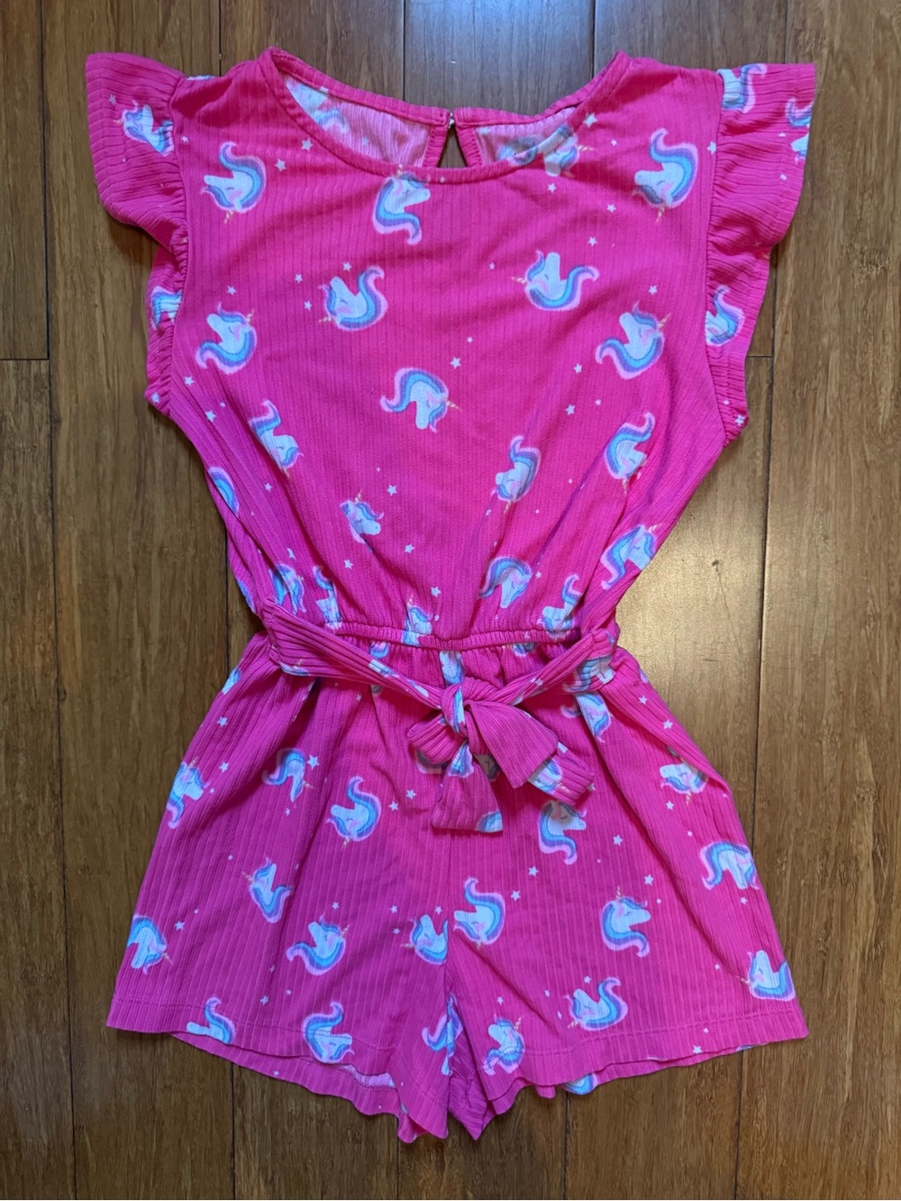 One Step Ahead Bright Pink Unicorn Print Romper with Tie Waist
